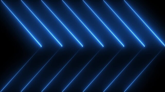 Glowing cyan neon right arrow icon animation with double arrow light effects on a dark black background.