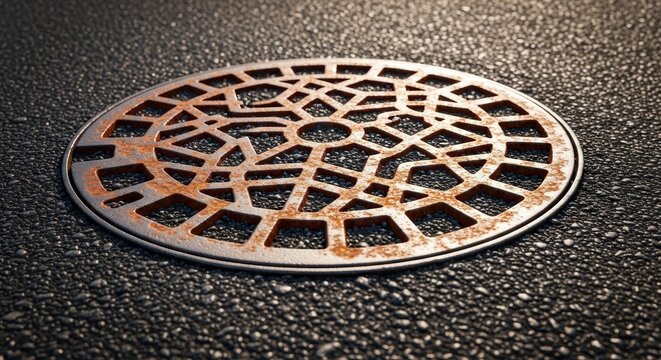 A weathered circular cast iron sewer lid embedded in dark asphalt pavement shows intricate patterns and traces of orange rust and grit, metallic, infrastructure, industrial