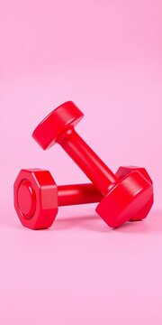 Isolated red dumbbell on light pink background fitness equipment for weight training, Bodybuilding, Sports Equipment