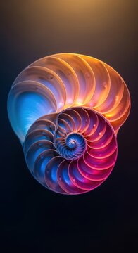 An intricate cross-section of a nautilus seashell reveals a perfect logarithmic spiral with smooth pearly chambers and geometric symmetry, white, structure, sea