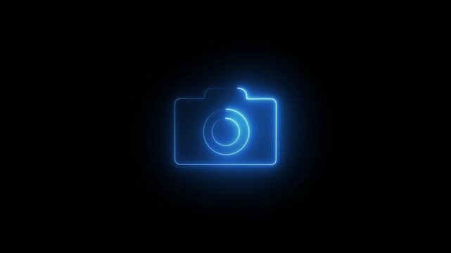 Glowing neon camera icon animation for recording and film concept with pictogram style on a dark black background.