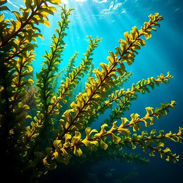 Lush kelp fronds sway gently in the current, illuminated by shafts of sunlight, marine life, underwater
