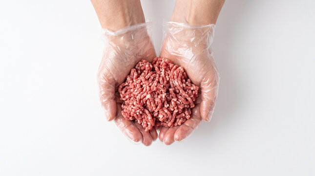 hands with plastic gloves transparent holding minced meat flat lay on white background food festival concept ideas 