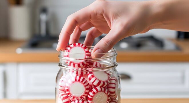 Hand taking a round peppermint candy from a glass storage jar in kitchen