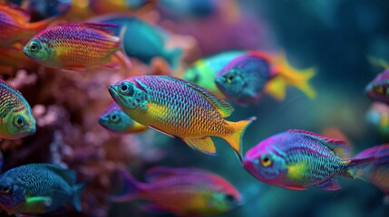 Fototapeta premium Vivid tropical fish with vibrant neon colors swimming gracefully in clear underwater environment, colorful exotic marine life, aquatic wildlife, coral reef ecosystem, bright ocean nature background wi