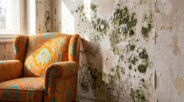Armchair near wall with mold. Damaged interior with fungus and dampness on plaster.