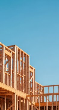 Wooden skeletal framework of a new house under construction showing studs, beams, and joists rising against a clear sky, project, home, building