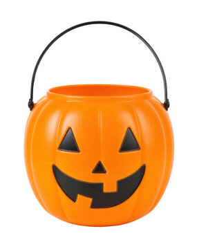 Orange Halloween pumpkin bucket with jack o lantern face, plastic trick or treat pail prop isolated PNG with Transparent Background