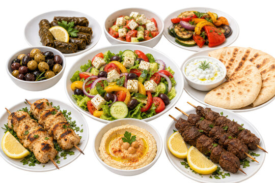Mediterranean mezze platter, grilled chicken skewers and beef kebab, pita and dips for dinner menu isolated PNG with Transparent Background