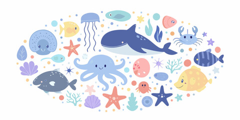 Ocean creatures illustration with whale octopus and fish in a circular arrangement © Kopil