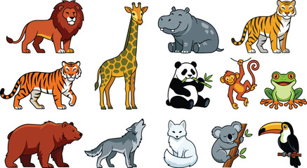 Obraz premium Wild Animals Cartoon Character Set Featuring Lion, Tiger, Giraffe, Panda, Monkey, Frog, Bear, Wolf, and Tropical Wildlife Illustration