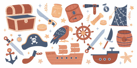 Pirate themed Illustration Set With Treasure Chest Ship And Parrot © Kopil