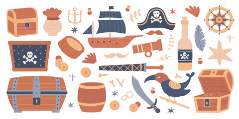 Pirate themed Illustration Set With Treasure Chests Ships And Nautical Elements © Kopil