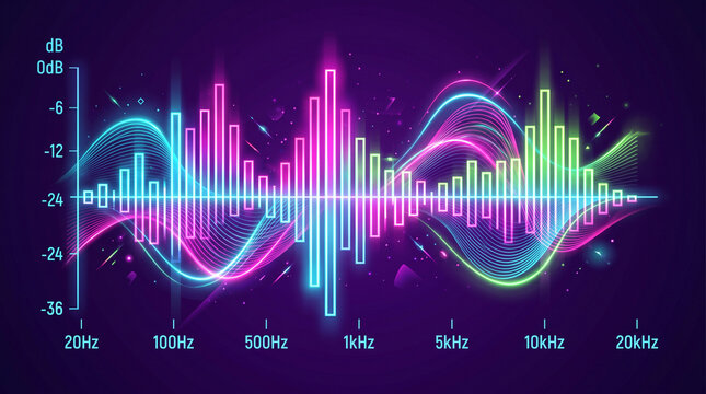 Vibrant neon audio equalizer displaying frequency and decibel levels for music production.