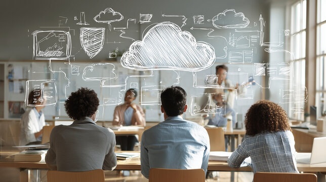 Three colleagues seated at wooden table studying cloud computing sketches on glass wall during sunlit workshop