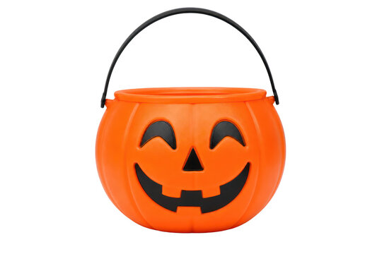  Halloween pumpkin bucket, orange jack o lantern pail with handle for trick or treat candy isolated PNG with Transparent Background