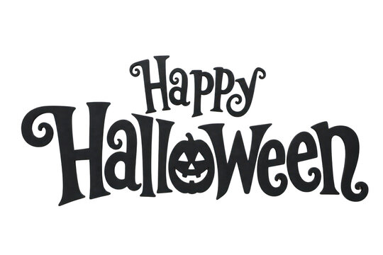 Retro Happy Halloween typography. Black spooky lettering with pumpkin face, festive holiday greeting isolated PNG with Transparent Background