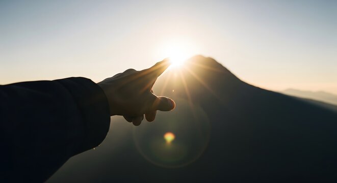 Hand touching the sun over a mountain peak at golden hour sunset