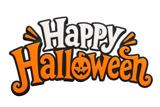Retro Happy Halloween lettering with pumpkin face, orange black badge graphic for holiday party isolated PNG with Transparent Background