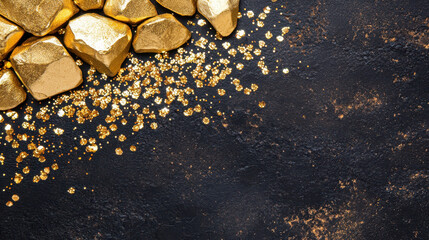 Fototapeta premium Shiny gold nuggets and glittering gold dust on dark background create luxurious and opulent atmosphere