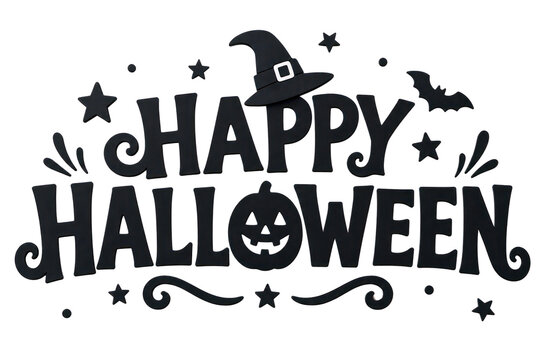 Happy Halloween lettering, black bat and pumpkin icon, festive holiday greeting design for cards isolated PNG with Transparent Background
