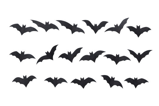 Spooky bat silhouettes in flight, black Halloween bats pattern, eerie wildlife shapes for design isolated PNG with Transparent Background