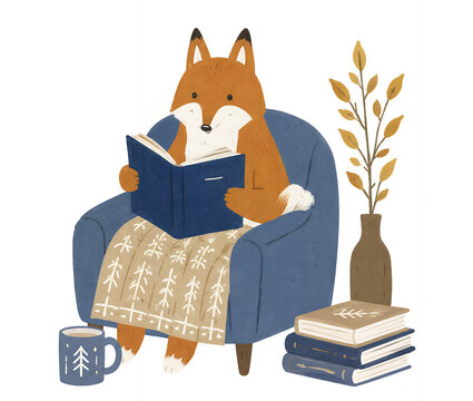 ソファで読書を楽しむかわいいキツネのイラスト 北欧風 秋の暮らし