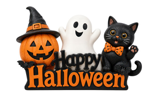 Cute Halloween decoration sign, smiling ghost and black cat with pumpkin, festive party display isolated PNG with Transparent Background