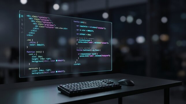 Sleek dark mode code editor displaying colorful web development syntax on a minimalist black desk, copy space.