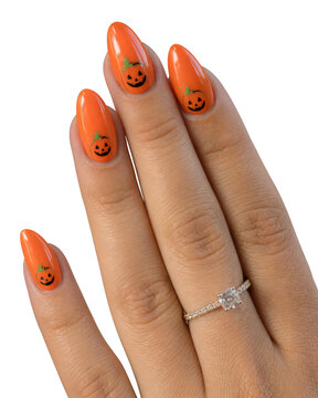 Halloween pumpkin nail art manicure, orange glossy nails, spooky fall beauty close-up photo isolated PNG with Transparent Background