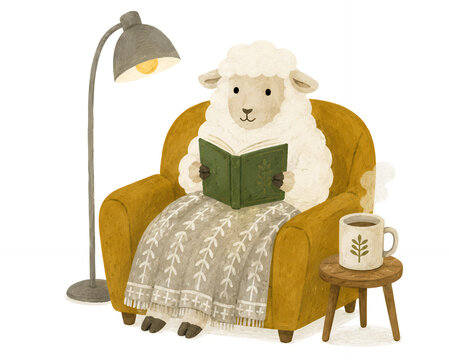 ソファで読書を楽しむかわいい羊のイラスト 秋のリラックスタイム 北欧風