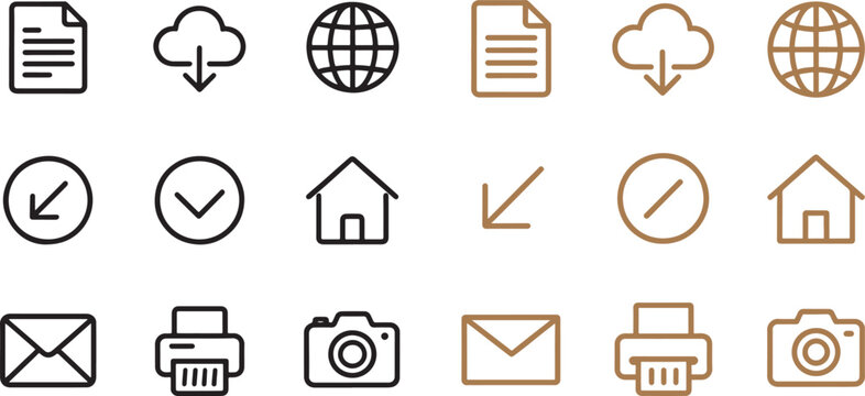 Minimalist vector icon set featuring document cloud download globe arrow home envelope printer and camera outlines for web design