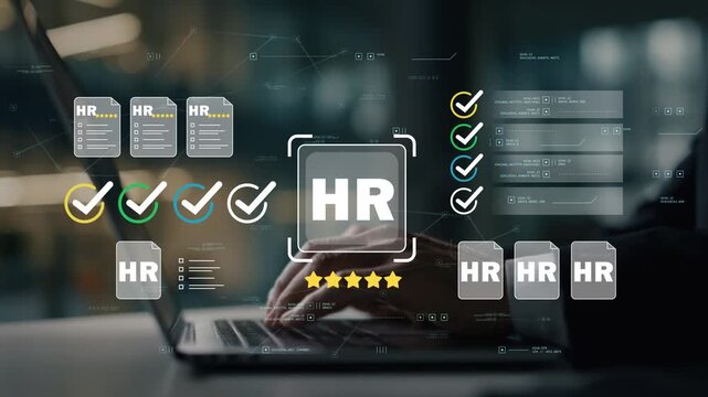 Businessman in modern office using digital HR management platform with animated employee records, workforce planning dashboard, personnel documents and recruitment workflow technology