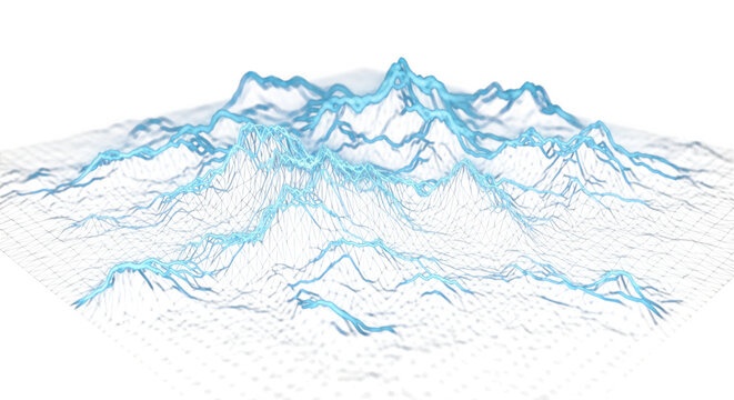 Abstract blue topographic mountain wireframe, digital 3D terrain map on white background, futuristic data visualization of geographic relief