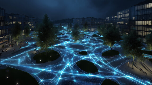 Nighttime urban plaza lit by glowing blue network lines across paving with people and warm-lit glass office buildings