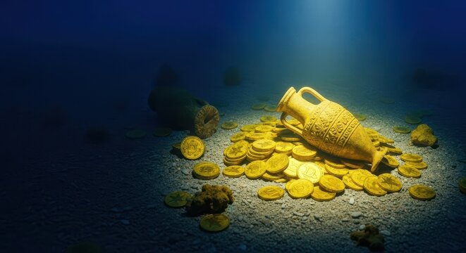 Brilliant yellow gold coins and valuable ancient artifacts scattered across the deep ocean floor illuminated by underwater light, prosperity, adventure, discovery