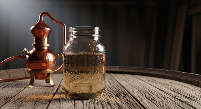 Clear homemade alcohol fills a vintage glass jar resting on a weathered wooden surface beside a copper distilling apparatus in a dim shed, copper, clandestine, rustic