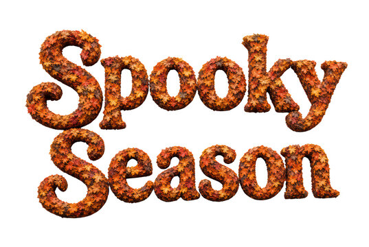 Spooky Season autumn leaf typography, Halloween decorative text made of orange fall leaves, seasonal header isolated PNG with Transparent Background