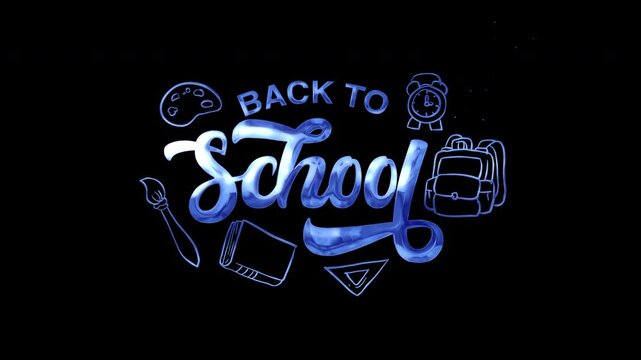 Blue letters spell "Back to School" against a dark background. Art tools and backpacks float around the text. The design feels festive and nostalgic for returning to education