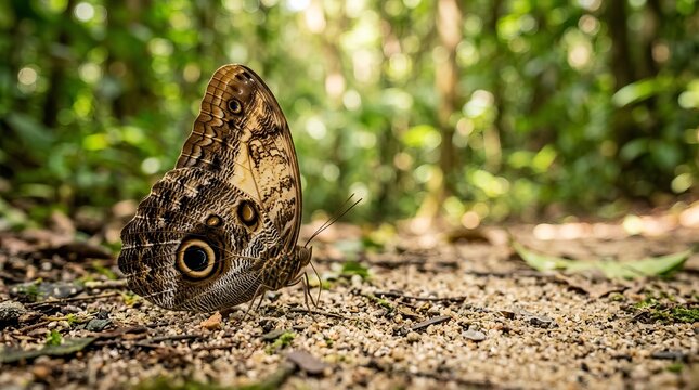 Giant Owl Butterfly on Forest Floor with Natural Light