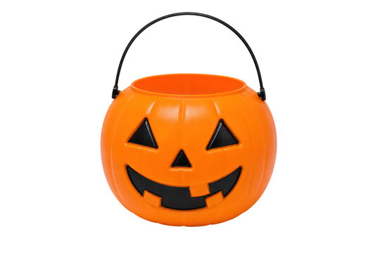 Orange pumpkin bucket for trick or treating, plastic jack o lantern candy pail, halloween holiday container isolated PNG with Transparent Background