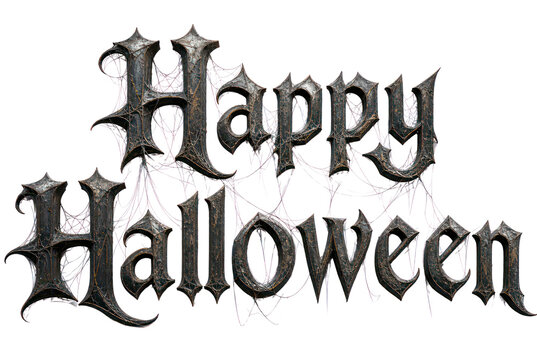 Gothic Happy Halloween text, spooky stone letters with spider webs, dark horror typography for party flyers isolated PNG with Transparent Background