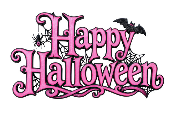 Pink Happy Halloween typography, spooky glitter text with spider webs and bat, girly gothic holiday header isolated PNG with Transparent Background