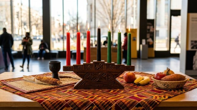 Kwanzaa celebration with kinara, fruits, and corn on a table with African print cloth