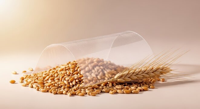 Transparent biodegradable film made from wheat flour starch displayed with natural grains to show ecological packaging technology solutions, packaging, ecology, ecological