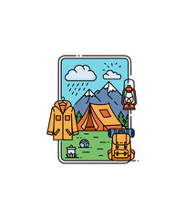 Naklejka premium Outdoor adventure camping gear and mountain landscape illustration