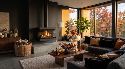 Obraz premium Cozy living room with fireplace and large windows showcasing autumn scenery outside.