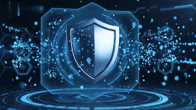 3D Metallic Security Shield animation Floating With Glowing Blue Binary Particles And Holographic Energy Barrier