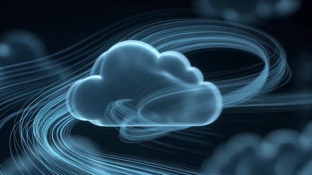 Glowing cloud icon with soft luminous lines in abstract style on dark background, concept of digital storage and data flow