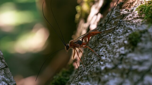 Ichneumon Wasp on Tree Bark
